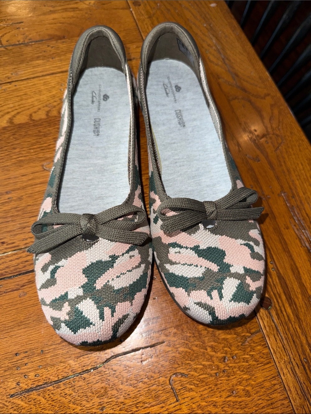 Clarks Pink and Green Camo Knit Ballet Flats with Bow Trim